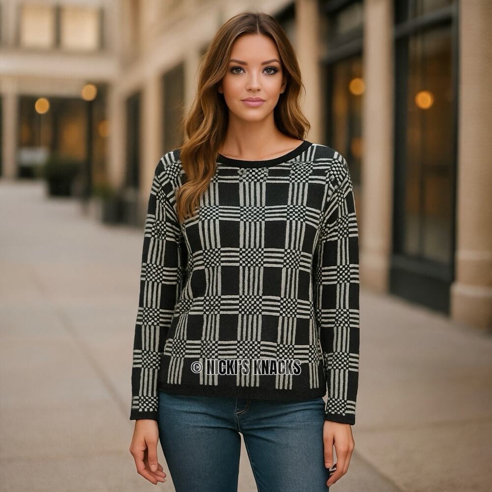 Stitch Fix Grid Print Pullover Sweater Gray White Boat Neck Boxy Knit Top Size S